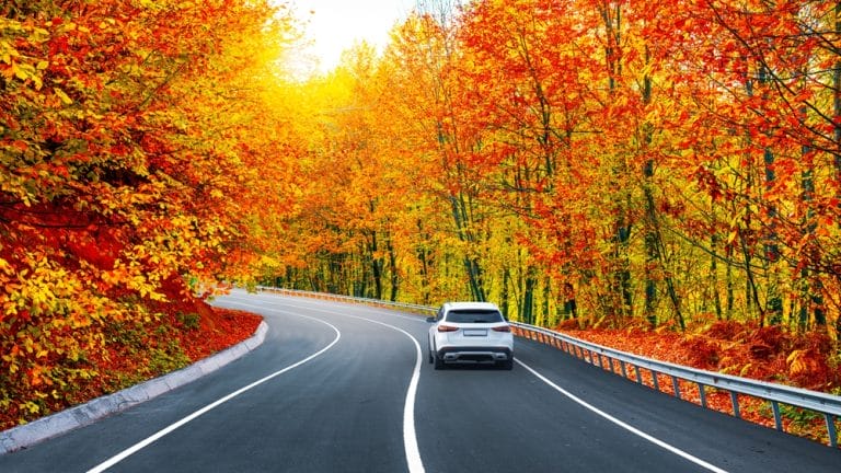 SUV driving through a fall landscape